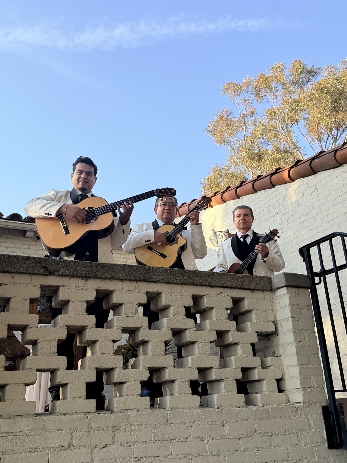 Trío Los Brillantes con sus instrumentos bajo el cielo de California